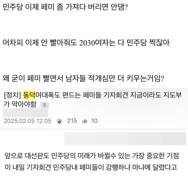 문제는 이들의 지지가 과격한 언행이나 행동으로 표출되면서 당내 분열을 심화시키고 2030여성이나 중도층 유권자들에겐 거부감을 일으킬 수 있다는 점이다. 지지자로 보이는 네티즌은 "민주당 이제 페미 좀 가져다 버리면 안 되나. 어차피 이제 안 빨아줘도 2030여자는 다 민주당 찍잖아"라며 극단적 주장을 펼치기도 했다. /온라인 커뮤니티 갈무리