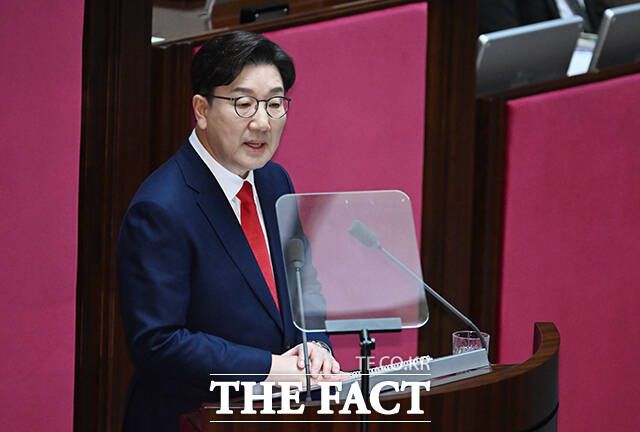 권성동 국민의힘 대표의 교섭단체 대표연설의 키워드는 '이재명'이었다. 권 원내대표는 연설 중 이재명 더불어민주당 대표를 18번 언급하고, 국정 혼란의 주범으로 이 대표를 지목했다. /박헌우 기자