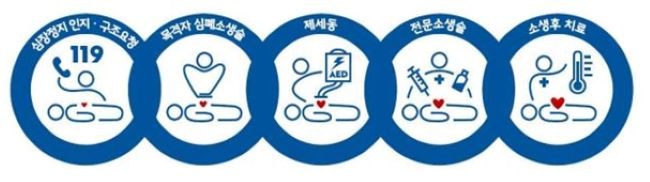 심장정지 생존 사슬./한국 심폐소생술 가이드라인