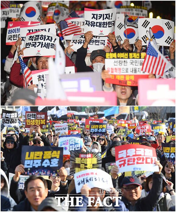15일 오후 서울 종로구 일대에서 '대통령 국민변호인단, 제5차 탄핵반대집회'(위)와 '윤석열 즉각 퇴진·사회대개혁 15차 범시민대행진'이 열린 가운데 참가자들이 피켓을 들고 있다. /장윤석 기자