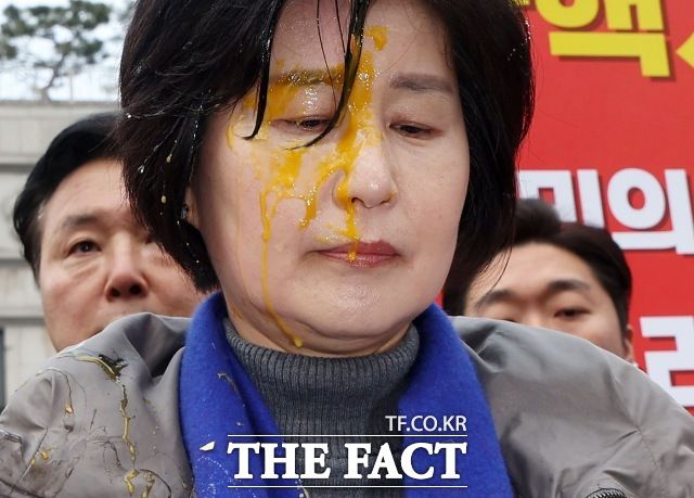 20일 헌법재판소 앞에서 열린 윤석열 대통령의 파면 촉구 기자회견에 참석했다가 날계란을 얼굴에 맞은 백혜련 민주당 의원이 강력한 법적 대응을 예고했다. /뉴시스