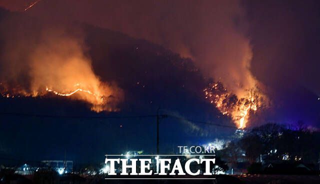 21일 오후 경남 산청군 시천면 신천리 일원에서 발생한 산불이 민가 뒤쪽으로 번지고 있다. /뉴시스