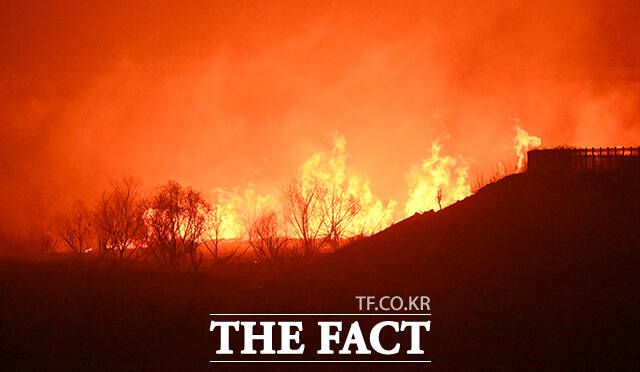 25일 주왕산 국립공원과 불과 6km가량 떨어진 청송군 청송읍 청운리 일대에 불이 확산되고 있다.