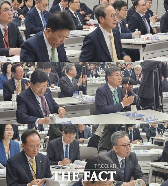 3일 서울 중구 은행회관에서 한국은행과 한국금융연구원 공동 정책 컨퍼런스가 열린 가운데 금융지주 회장과 행장들은 오후 4시 40분부터 진행된 특별 대담 세션에 참석했다. (맨 위부터 차례대로) 함영주 하나금융 회장, 양종희 KB금융 회장, 빈대인 BNK금융 회장, 황병우 iM뱅크 은행장, 이환주 국민은행장, 정상혁 신한은행장. /중구=이선영 기자