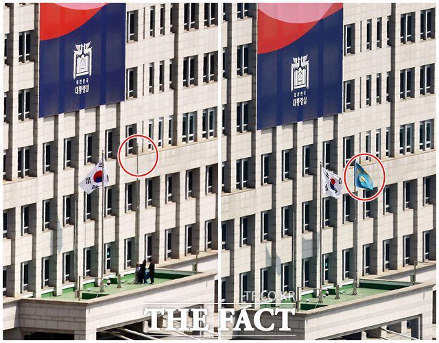 헌법재판소가 윤석열 전 대통령의 탄핵사건에 대해 인용을 선고한 4일 서울 용산 대통령실 청사에서 봉황기가 내려져 있다. 오른쪽은 지난해 12월 대통령실 청사에 게양된 봉황기의 모습. /사진공동취재단