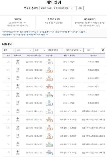 프로토 승부식 43회차 대상 경기.