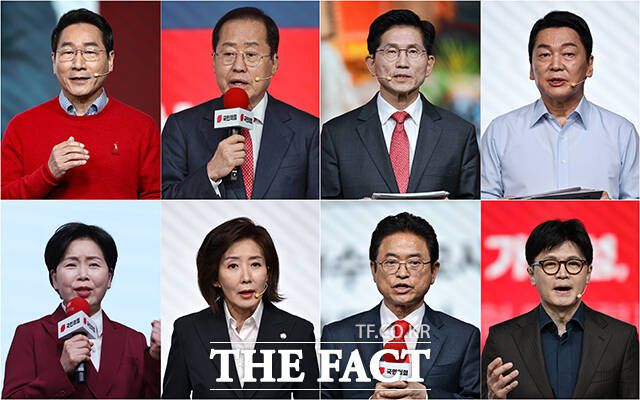 제21대 대통령후보자 국민의힘 1차 경선 후보자 비전대회가 18일 오후 서울 강서구 ASSA아트홀에서 열린 가운데 참석한 후보들이 비전 발표를 하고 있다. 왼쪽 위부터 시계방향으로 유정복 인천시장, 홍준표 전 대구시장, 김문수 전 고용노동부 장관, 안철수 의원, 한동훈 전 국민의힘 대표, 이철우 경북도지사, 나경원 의원, 양향자 전 의원. /국회사진취재단