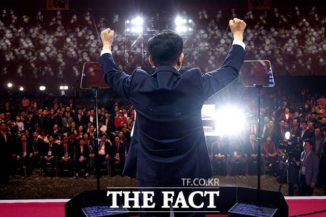 수락연설 하는 김문수 국민의힘 대선 후보. /배정한 기자