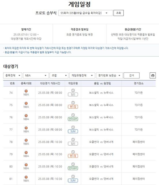 프로토 승부식 55회차 대상 게임./스포츠토토