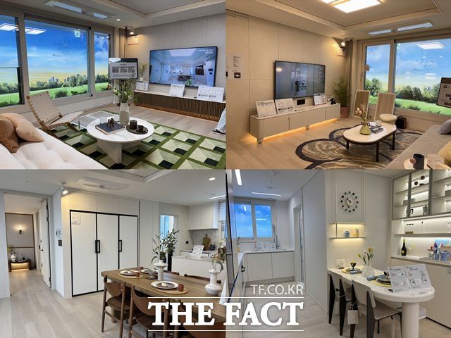 견본주택에는 59㎡B 타입과 84㎡A 유닛이 전시됐다. 왼쪽은 84㎡A 거실과 주방, 오른쪽은 59㎡B 타입 거실과 주방이다. /공미나 기자