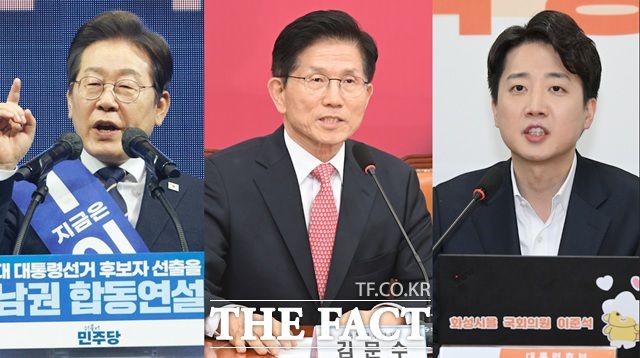 윤석열 전 대통령의 탄핵과 파면으로 치러지는 21대 대선이 12일 공식 선거운동을 시작으로 열전의 막을 올렸다. 사진은 왼쪽부터 기호 1번 민주당 이재명, 기호 2번 국민의힘 김문수, 기호 4번 개혁신당 이준석 후보./더팩트 DB