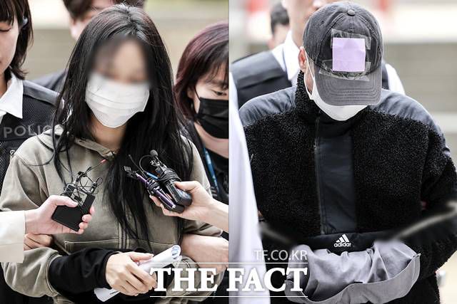 잉글랜드 프로축구 프리미어리그 토트넘 홋스퍼 주장 손흥민을 상대로 허위 임신을 주장하며 금품을 요구한 혐의를 받는 20대 여성 A 씨와 40대 남성 B 씨가 17일 서울 서초구 서울중앙지방법원에서 열린 영장실질심사에 출석하고 있다. 2025.05.17. /뉴시스