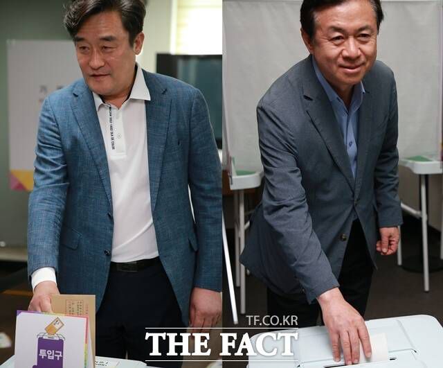 정동만 국민의힘 부산선대위 총괄선대본부장(좌), 김영춘 더불어민주당 부산선대위 총괄선대위원장(우). /박호경 기자