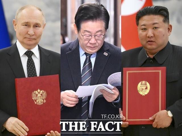'이재명식' 실용외교가 그간 민주당 정부의 대북 정책과 결이 다를 수 있다는 해석이 나온다. 북한은 남북 관계를 '적대적 두 국가'로 명시한 데다, 북러 조약과 러시아 파병으로 인해 고립의 돌파구를 개척한 형국이다. (왼쪽부터) 블라디미르 푸틴 러시아 대통령, 이 당선인, 김정은 북한 국무위원장. /이새롬 기자·AP. 뉴시스