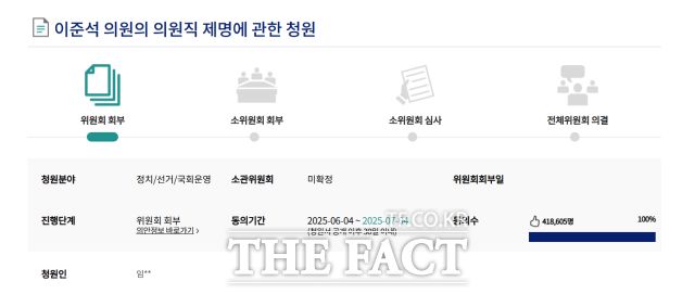 이준석 개혁신당 의원직 제명을 요구하는 국민청원이 엿새 만에 40만 명을 돌파했다. /국회전자청원 갈무리