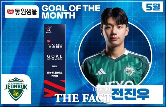 2025시즌 5월 K리그 ‘안심을 마시다 동원샘물 이달의 골’을 수상한 전북현대 전진우./K리그