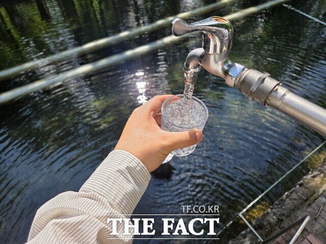 지난 16일 <더팩트> 우지수 기자가 '백산수' 수원지 내두천에서 가공되지 않은 상태의 물을 컵에 따르고 있다. /이도백하=우지수 기자
