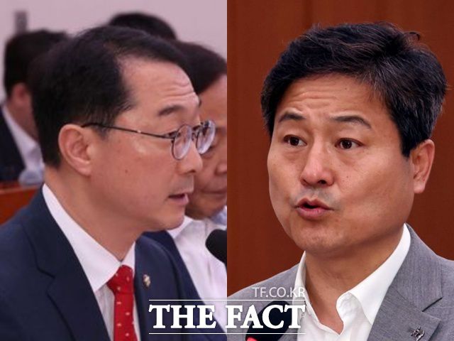 김건 국민의힘 의원(왼쪽)은 이 대통령의 나토 정상회의 불참에 대해 "한미 정상회담의 기회를 놓친 것"이라고 비판했고, 김영배 민주당 의원은 "트럼프의 방위비 청구서를 받았을 것"이라고 맞섰다. /뉴시스