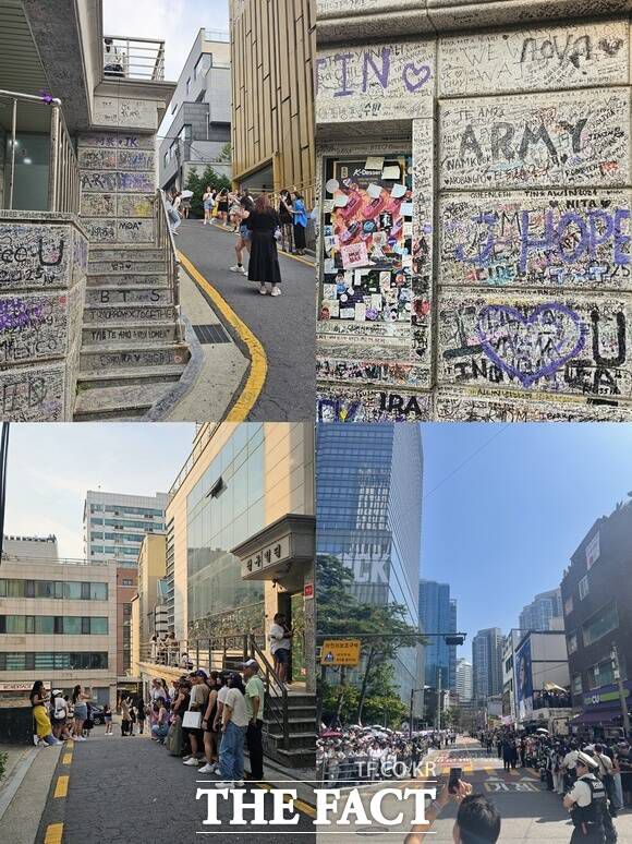 방탄소년단 소속사인 빅히트 뮤직의 옛 사무실 건물에 모인 팬들과 벽에 가득 적힌 응원 글, 그리고 멤버들 전역 날 하이브 사옥 주변에 몰린 팬들 모습. /정병근 기자