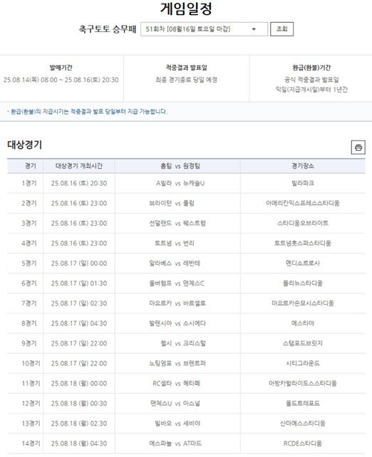 축구토토 승무패 51회차 대상 경기.
