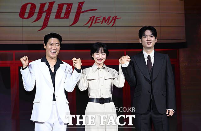 배우 진선규와 방효린, 조현철(왼쪽부터)이 '애마' 출연 이유 등을 밝히며 많은 시청을 독려했다. /박헌우 기자