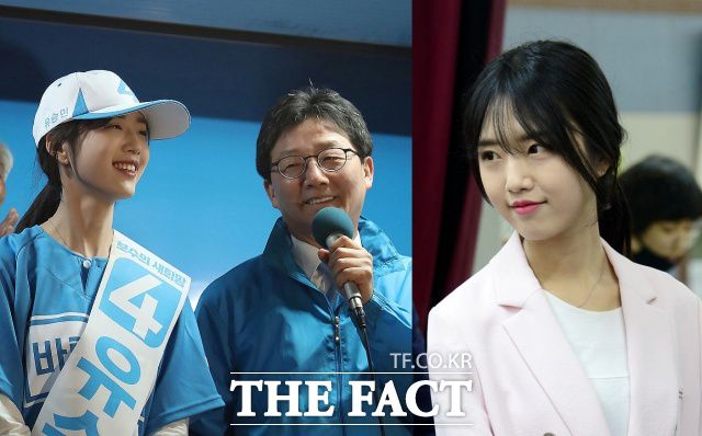 유 씨는 유 전 의원의 2016년 총선 출마 당시 처음 언론에 모습을 드러냈다. 사진은 19대 대선 유세 기간 당시 대구시 중구 동성로에서 시민들에게 지지하는 모습(왼)과 서울 광진구 화양동 주민센터에서 19대 대선 사전투표를 하는 모습. /배정한, 남용희 기자