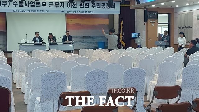 한수원이 지난 7월 본사 일부 부서 경주 도심 이전을 위한 주민공청회를 무리하게 강행하다 주민 반발로 파행됐다. / 박진홍 기자