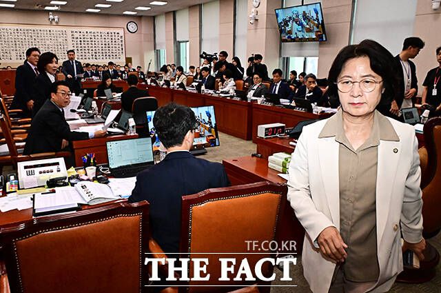 여야 정치권이 민생보다는 정쟁에 치중하며 국민들의 눈쌀을 찌리게 하고 있다. 지난 16일 국회 법제사법위원회에서 열린 감사원에 대한 국정감사에 참석해 정회를 선언한 뒤 이석하는 추미애 법사위원장. /배정한 기자
