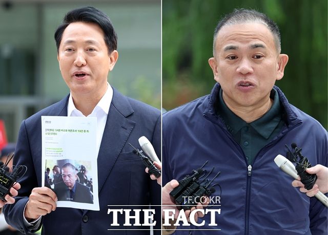 오세훈 서울시장과 명태균 씨가 8일 오전 김건희 여사 연루 의혹을 수사하는 민중기 특별검사팀에 출석했다. /뉴시스