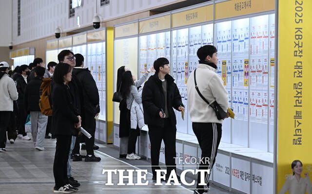 '고용노동부와 함께하는 청년의 내일(My Job), 2025 KB굿잡 대전 일자리 페스티벌'이 19일 대전컨벤션센터 제2전시장에서 열린 가운데, 취업준비생들이 취업공고 게시물을 살펴보고 있다. /이새롬 기자