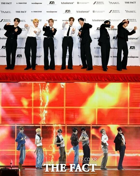 그룹 클로즈 유어 아이즈의 서경배 켄신 송승호 김성민 마징시앙 장여준 전민욱(사진 위, 왼쪽부터)이 9월 20일 '마카오 아웃도어 퍼포먼스 베뉴'에서 열린 '2025 더팩트 뮤직 어워즈’ 레드카펫에 참석해 포즈를 취하고 있다. 클로즈 유어 아이즈는 '2025 더팩트 뮤직 어워즈’ 오프닝 무대를 맡아 세븐틴의 'HOT' 커버 무대(사진 아래)를 선보였다./이효균 기자 서예지 기자