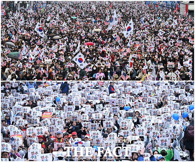 지난 3월 1일 오후 서울 종로구 광화문 광장 일대에서 윤석열 당시 대통령 탄핵 찬반 집회가 열린 모습. 비상계엄 사태가 발발한 지 꼬박 1년이 지났지만, 정치권이 통합을 주도하지 못하면서 시민사회 등에서의 분열상도 방치되고 있다는 지적이 나온다. /박헌우 기자