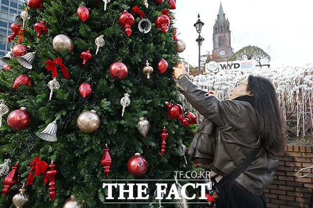 한 시민이 트리에 소망을 적은 카드를 달고 있다.