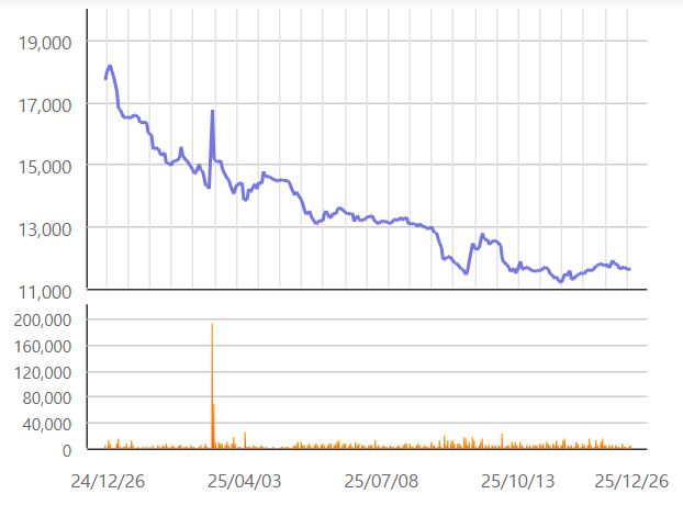 쏘카 주가는 올 한해 내리 우하향 곡선을 그렸다. /한국거래소 정보데이터시스템
