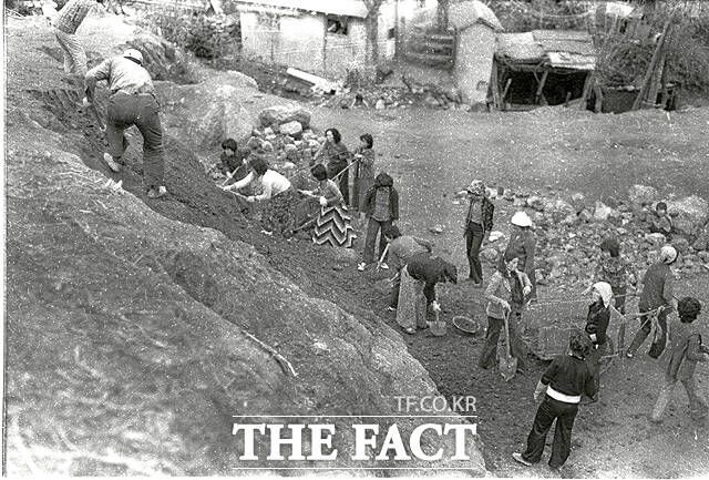 수십 년 전 체육관 건립을 위해 동원된 주민과 학생들이 공사에 참여하고 있다. /울릉군