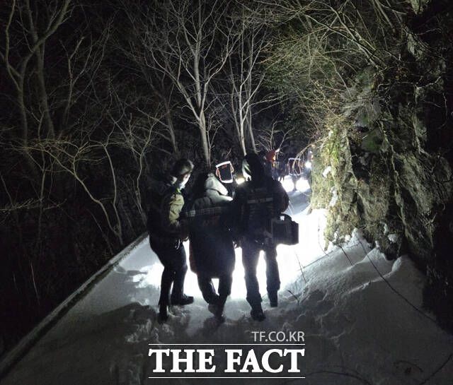 포항남부소방서 울릉119안전센터 구조대가 산 중턱에 쓰러진 70대 남성을 구조하고 있다. /포항남부소방서 울릉119안전센터