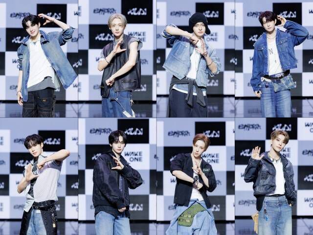 그룹 알파드라이브원의 상현 상원 리오 건우 씬롱 아르노 안신 준서(왼쪽 위부터 시계방형)는 'K팝 정상'을 팀 목표로 밝혔다./웨이크원