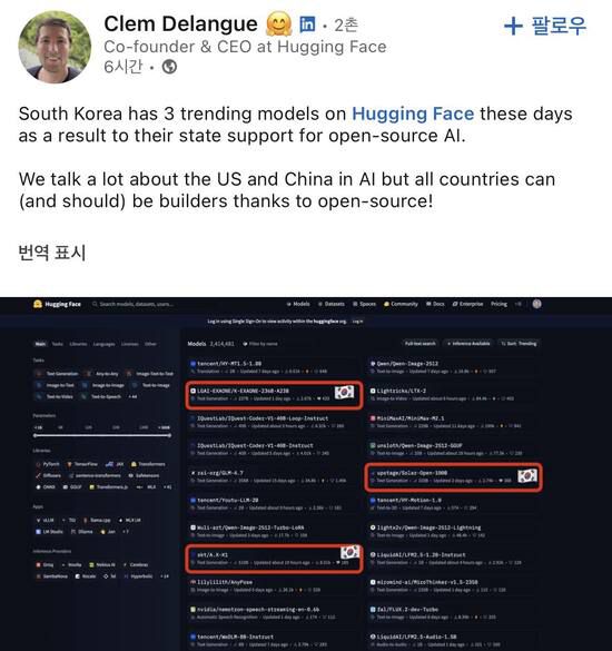 클렘 들랑그 허깅페이스 CEO가 SNS를 통해 한국 기업의 AI 모델들이 트렌드 순위에 오른 소식을 언급하며 관심을 드러넀다. /클램 들랑그 허깅페이스 CEO 링크드인 갈무리