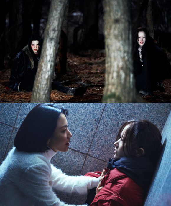 전종서(위쪽 사진의 오른쪽)는 한소희에 관해 "소탈하고 솔직하고 대범한 친구다. 예술적인 재능을 많이 갖고 있고, 작품 선택이나 그 외에 보이는 모습들도 매력적"이라고 남다른 애정을 드러냈다. /플러스엠 엔터테인먼트