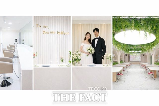 구미영스퀘어(구미역사 상업동 1·2층)에 마련된 스몰웨딩상담소는 예비부부를 위한 맞춤형 웨딩 컨설팅을 제공하고 있다. 사진은 좌측부터 파우더룸, 스튜디오1, 스튜디오2(신부대기실·미니 파티 공간), 이벤트홀(메인 홀) 내부 전경. /구미시