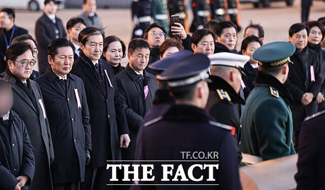 우원식 국회의장, 정청래 더불어민주당 대표 등이 이 수석부의장을 영접하며 침통한 표정을 짓고 있다. /공항사진기자단