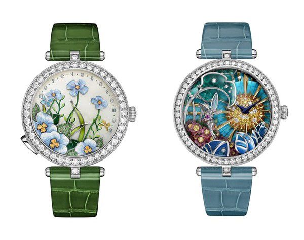 (왼쪽부터) 여성용 컴플리케이션 워치(Ladies’ Complication Prize) 부문 - 레이디 아펠 브리즈 데떼(Lady Arpels Brise d’Été) 워치, 아티스틱 크래프트 워치 (Artistic Crafts Watch Prize) 부문 - 레이디 아펠 데이 앙샹떼(Lady Arpels Jour Enchanté) 워치