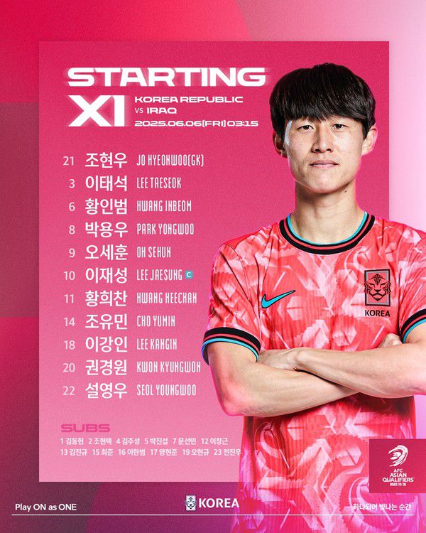 이라크전 한국축구 국가대표 선발라인업 (사진=대한축구협회)