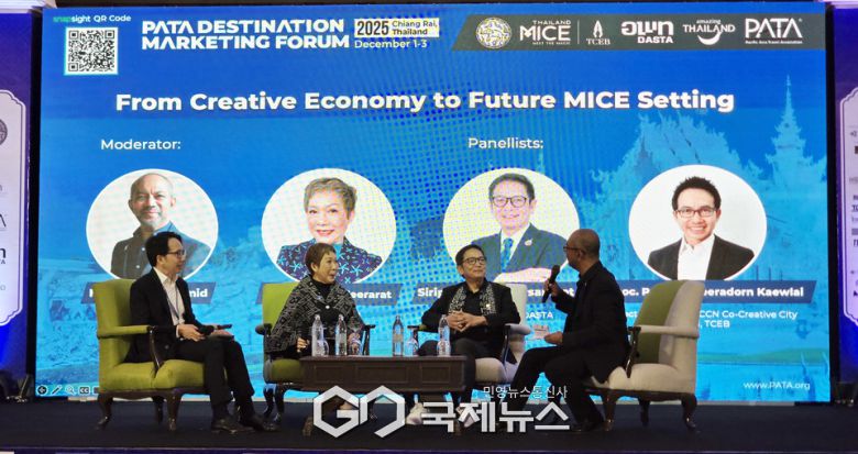 왼쪽부터 Peeradorn Kaewlai 태국컨벤션뷰로 유네스코 창의도시 네트워크 프로젝트 자문위원, 수파완 티라랏(Supawan Teerarat) 태국컨벤션뷰로(TCEB) 회장, 시리파컨 치여우사뭇(Siripakorn Cheawsamoot) 태국생태관광지역행정청(DASTA) 사무총장, 누르 아흐마드 하미드(Noor Ahmad Hamid) PATA CEO. 사진/유지현 기자
