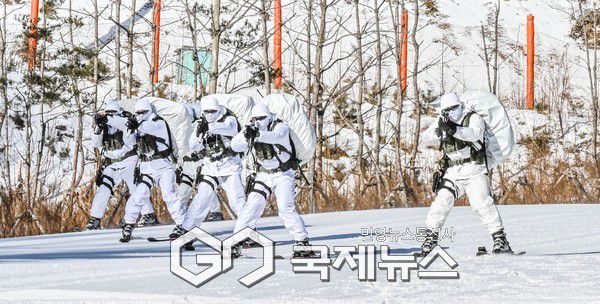 육군 특전사 장병들이 설한지 극복훈련 간 스키를 활용한 전술기동을 실시.(사진제공.육군)