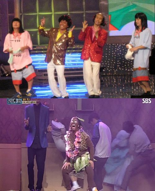 개그맨 이봉원과 장두석이 흑인 분장을 하고 나왔던 ‘시커먼스’(위)와 코미디언 홍현희가 했던 블랙페이스. 출처|KBS·SBS