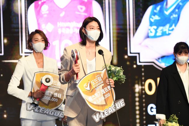 김연경이 19일 그랜드하얏트호텔에서 열린 도드람 2020~2021 V리그 시상식에서 수상하고 있다. 제공 | 한국배구연맹