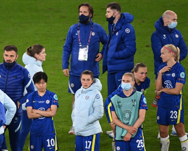 첼시 위민 지소연이 준우승 후 아쉬운 표정을 짓고 있다.AFP연합뉴스