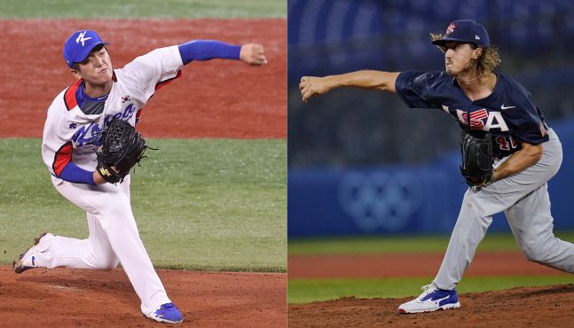 5일 열릴 도쿄올림픽 패자준결승 한국-미국전 선발로 나서는 한국 이의리(왼쪽)와 미국 조 라이언. AP연합뉴스