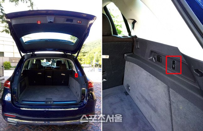 넓디 넓은 트렁크. 2열도 접을 수 있다. 빨간 사각형 안의 버튼을 통해 서스펜션을 낮출 수 있다.